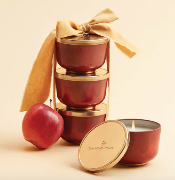 thymes simmered cider candle tin with gold lid